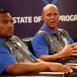 Assistant head coach Ed Lamb answers questions during BYU Media Day at BYU Broadcasting in Provo on Thursday, June 30, 2016. 