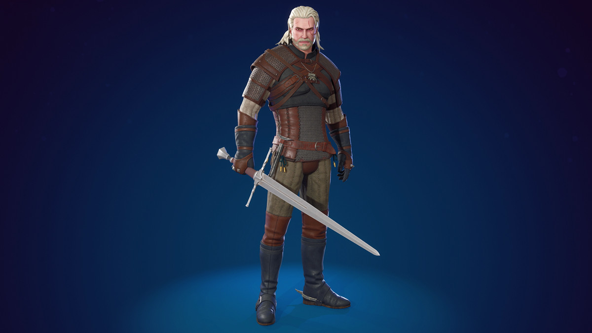 The Witcher'dan Geralt, Fortnite'ta görüldüğü gibi, mavi bir arka plan üzerinde 