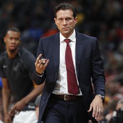 Utah Jazz head coach Quin Snyder reacts as his team falls behind the Denver Nuggets in the second half of an NBA basketball game Friday, Jan. 5, 2018, in Denver. (AP Photo/David Zalubowski)