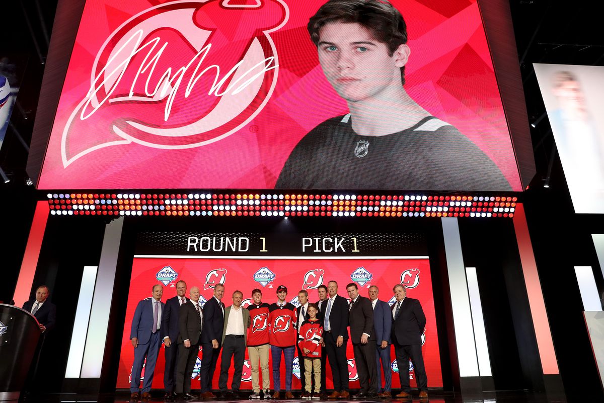 Jack Hughes smiles after being selected first overall by the New Jersey Devils during the first round of the 2019 NHL Draft at Rogers Arena on June 21, 2019 in Vancouver, Canada.