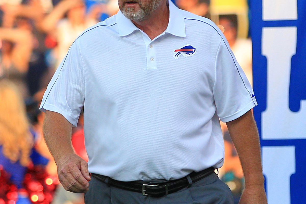Aug 25, 2012; Orchard Park, NY, USA; Buffalo Bills head coach Chan Gailey heading to the field for the start of the game against the Pittsburgh Steelers at Ralph Wilson Stadium. Mandatory Credit: Kevin Hoffman-US PRESSWIRE