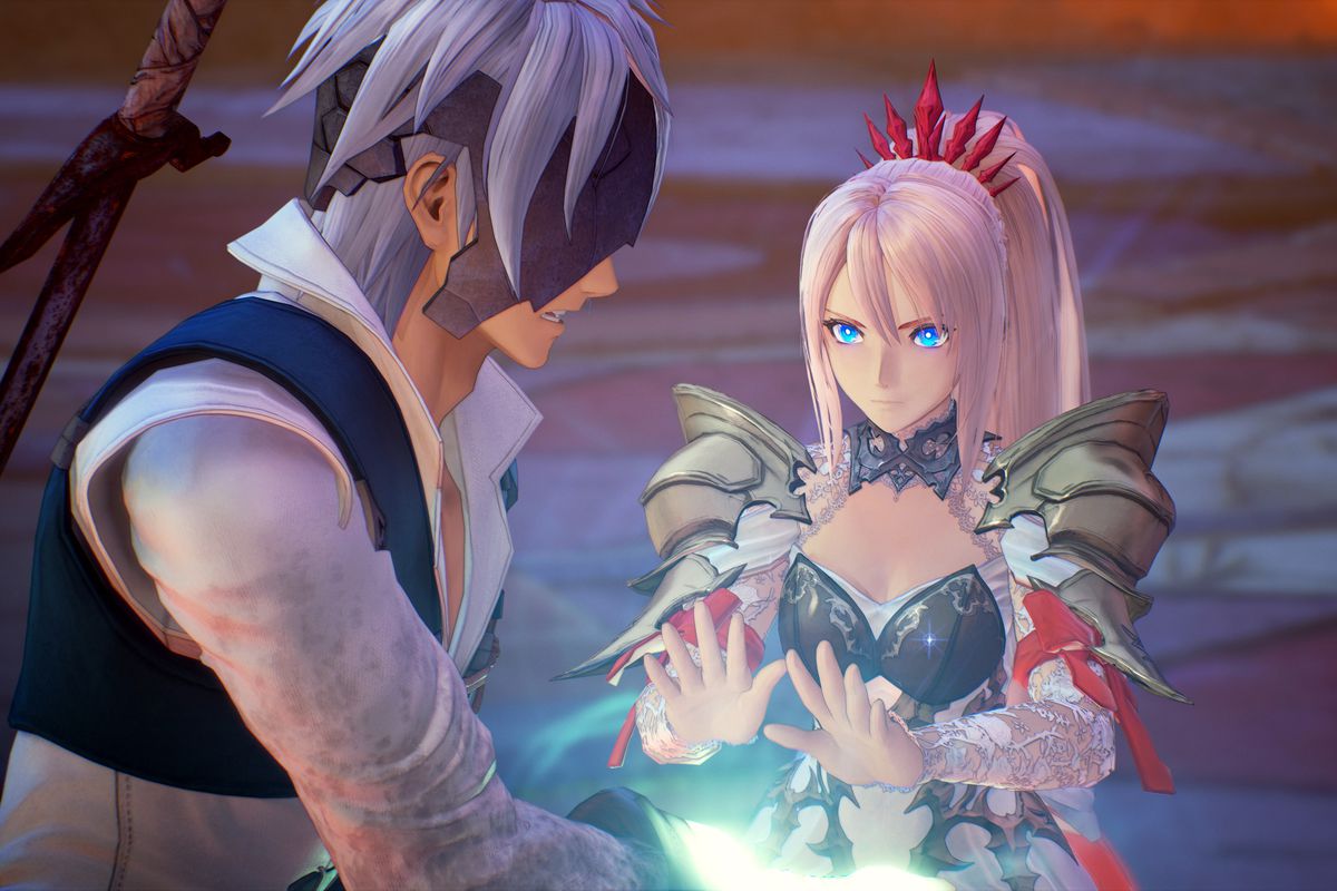 Two characters interact in a screenshot from Tales of Arise