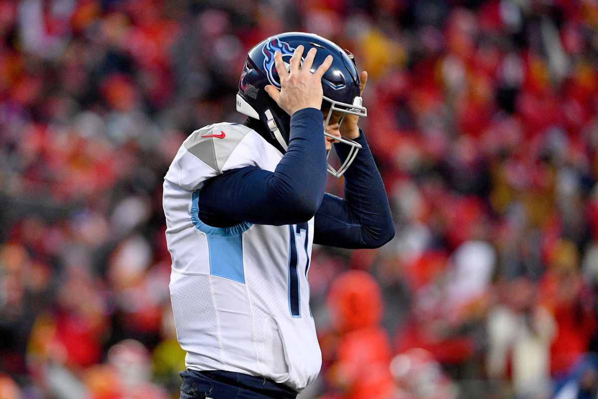 Tennessee Titans quarterback Ryan Tannehill reacts after a turnover on downs during the AFC Championship Game against the Kansas City Chiefs at Arrowhead Stadium.