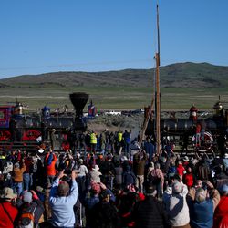 Historic steam engines Jupiter and No. 119 approach each other at the start of the Spike 150 celebration at Golden Spike National Historic Park at Promontory Summit on Friday, May 10, 2019.