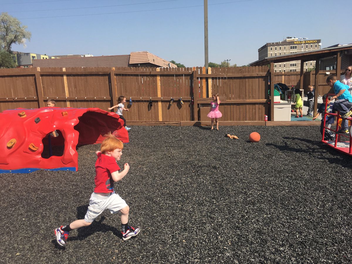 The current preschool playground at Step by Step is covered by rubber mulch.