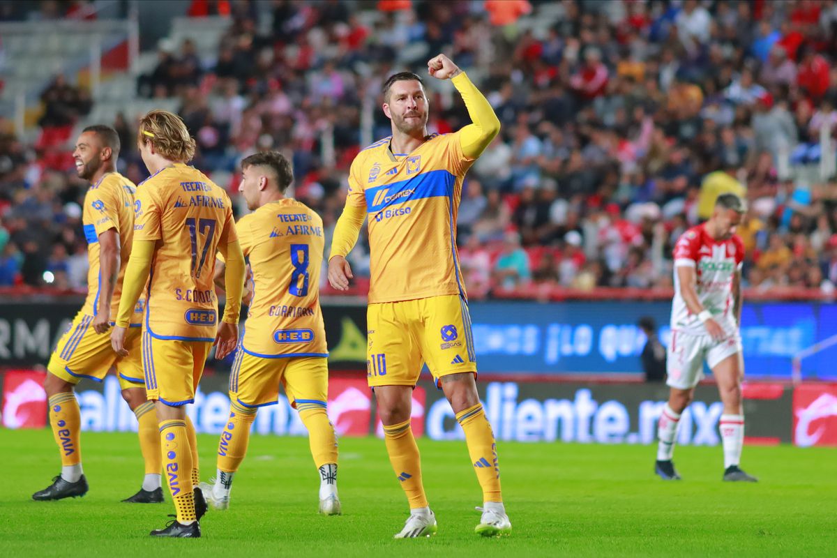 Andre-Pierre Gignac of Tigres celebrates after scoring the team’s first goal during the 4th round match between Necaxa and Tigres UANL as part of the Torneo Apertura 2023 Liga MX at Victoria Stadium on August 20, 2023 in Aguascalientes, Mexico.