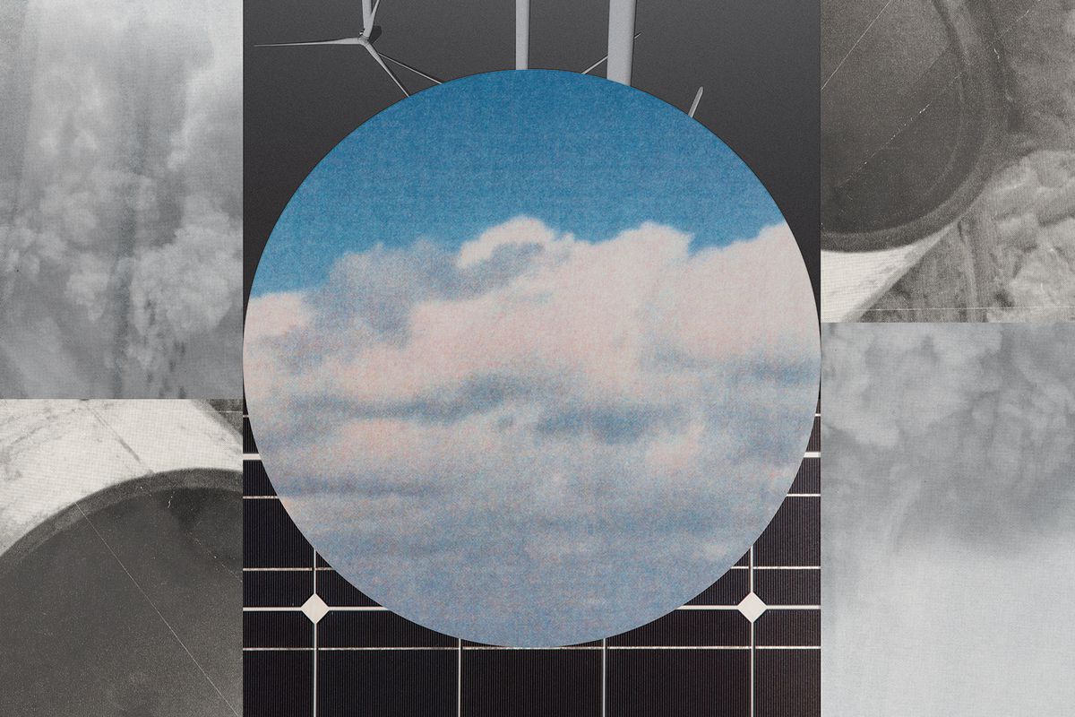 A photo collage includes images of clouds on a blue sky, solar panels, wind turbines, pipelines, and puffs of smoke.