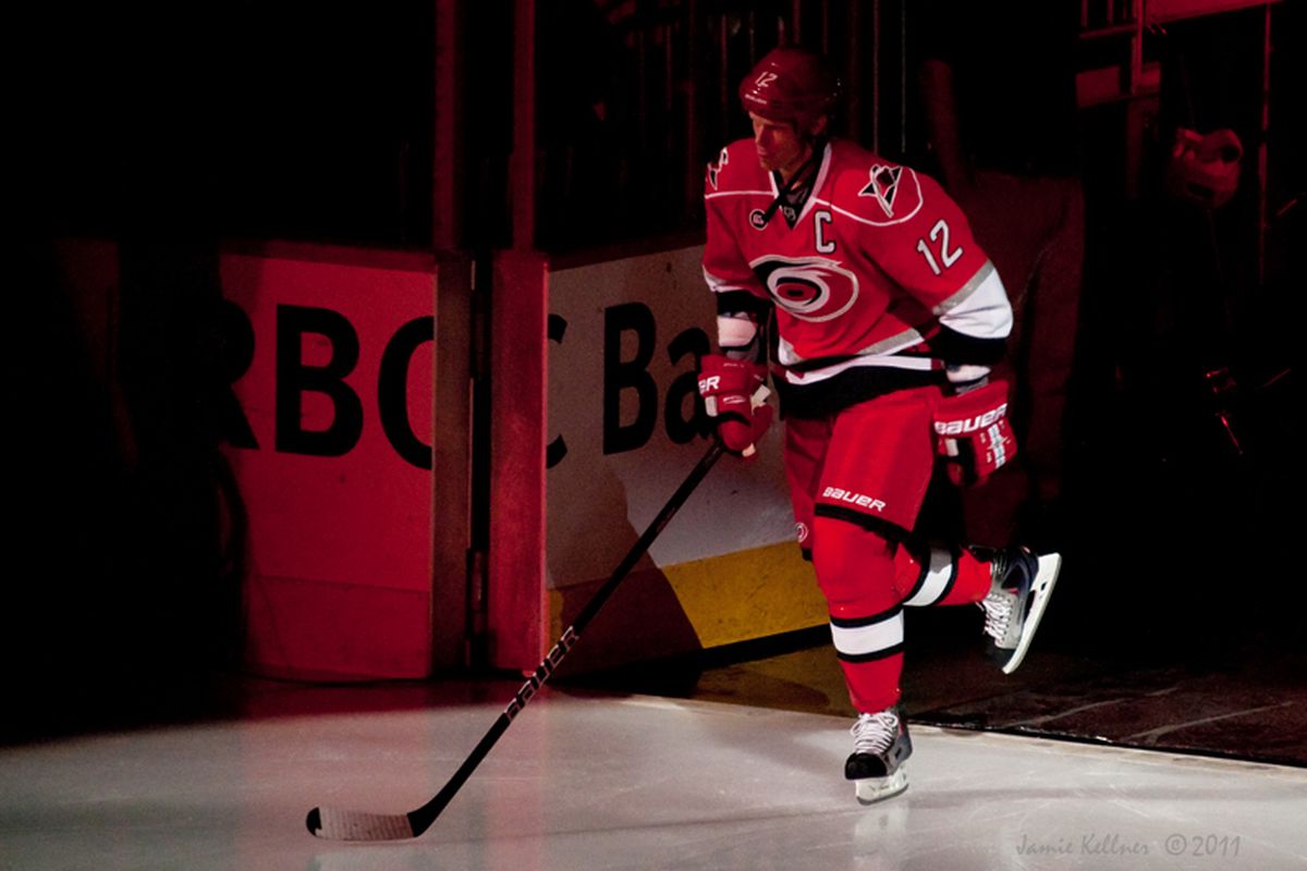 Carolina Hurricanes captain Eric Staal skates out for player introductions in the season home opener against the Tampa Bay Lightning on October 7, 2011.