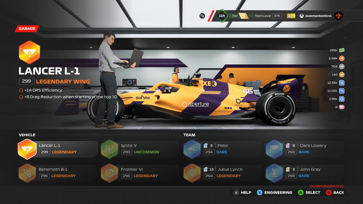 The “garage” screen of F1 23, showing the car, and its eight upgradeable and customizable components — four are parts, four are personnel