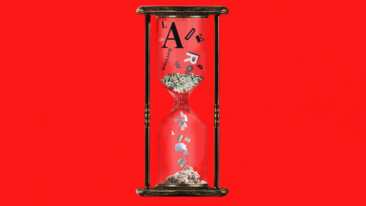 An illustration of an hourglass, with letters spelling words like “abortion” and “Roe” in the top half and pieces of paper falling into the bottom half to make a pile.