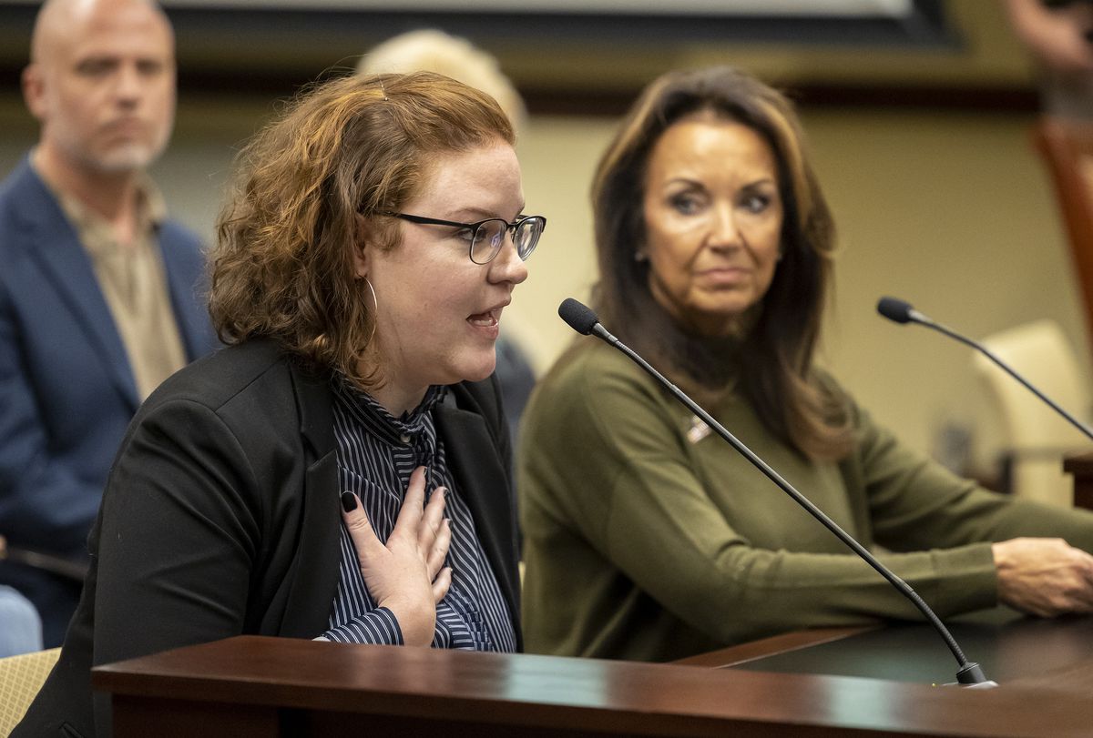 Katie Matheson expresses her opinion about the Biden administration’s COVID-19 vaccine mandate during a meeting of the Legislature’s Business and Labor Interim Committee at the Capitol in Salt Lake City on Oct. 4, 2021.
