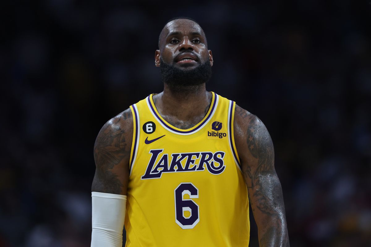 LeBron James #6 of the Los Angeles Lakers reacts after losing to the Denver Nuggets in game two of the Western Conference Finals at Ball Arena on May 18, 2023 in Denver, Colorado. NOTE TO USER: User expressly acknowledges and agrees that, by downloading and or using this photograph, User is consenting to the terms and conditions of the Getty Images License Agreement.