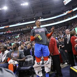 Oklahoma City Thunder's Russell Westbrook gets into a heated verbal altercation with fans in the first half of an NBA basketball game against the Utah Jazz, Monday, March 11, 2019, in Salt Lake City.
