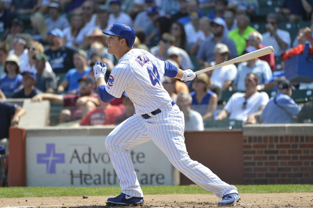 Anthony Rizzo of the Chicago Cubs follows through on an RBI double scoring teammate Starlin Castro against the Milwaukee Brewers at Wrigley Field in Chicago, Illinois. (Photo by Brian Kersey/Getty Images)