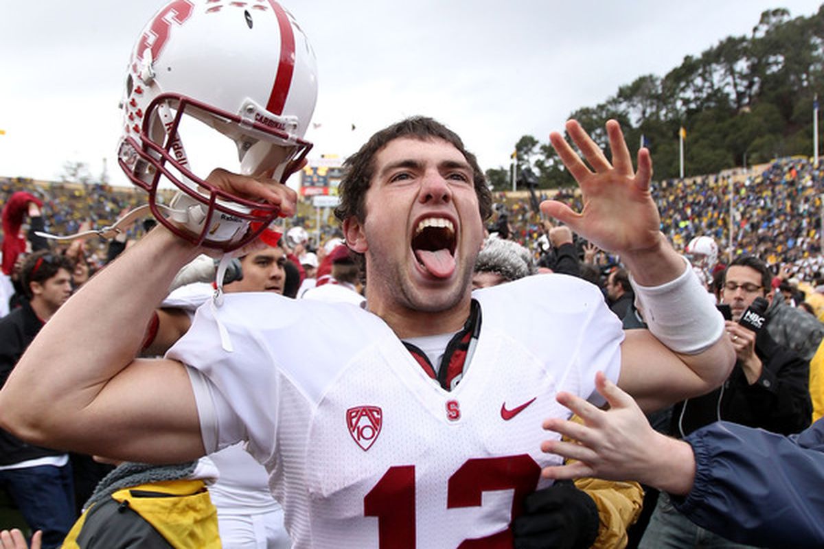 BERKELEY CA - NOVEMBER 20:  Andrew Luck #12 of the Stanford Cardinal celebrates after beating the California Golden Bears at California Memorial Stadium on November 20 2010 in Berkeley California.  (Photo by Ezra Shaw/Getty Images)