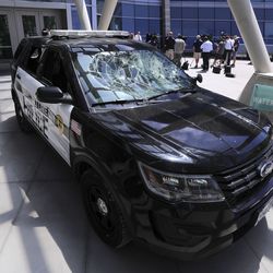 A Salt Lake police car damaged during Saturday’s protests is parked outside of the Salt Lake City Public Safety Building in Salt Lake City on Wednesday, June 3, 2020.