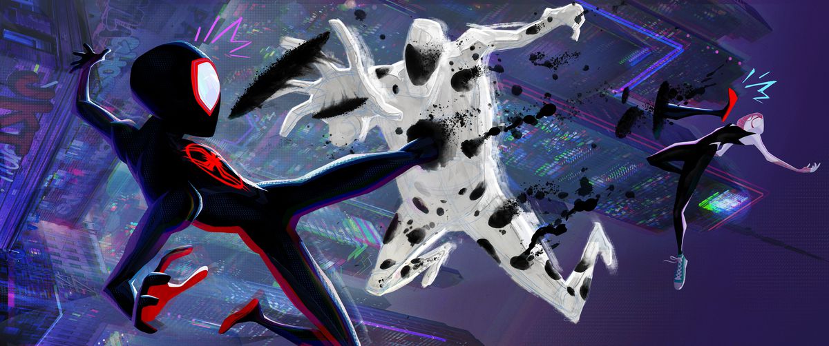 In a stylized piece of concept art from Spider-Man: Across the Spider-Verse, Miles Morales in a dark blue Spider-Man suit kicks at The Spot, a vaguely man-shaped white figure covered with black holes, but his foot sinks into a hole in The Spot’s chest and emerges in mid-air behind them to kick Spider-Gwen in the face