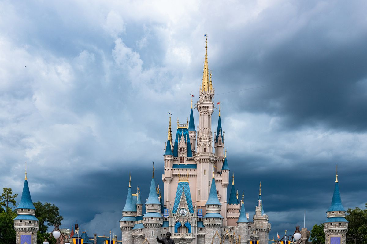 The Cinderella Castle at Disney World during an overcast day 