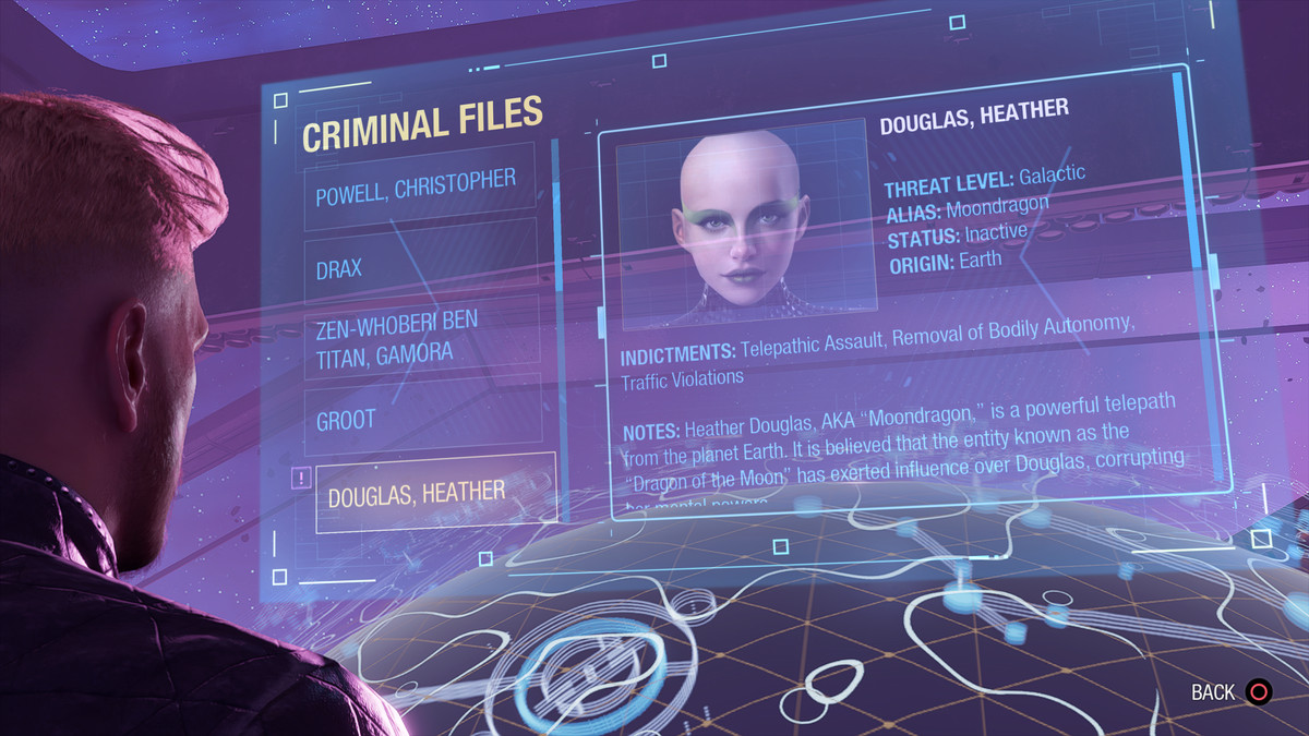 The criminal file for Moondragon, aka Heather Douglas, in Marvel’s Guardians of the Galaxy