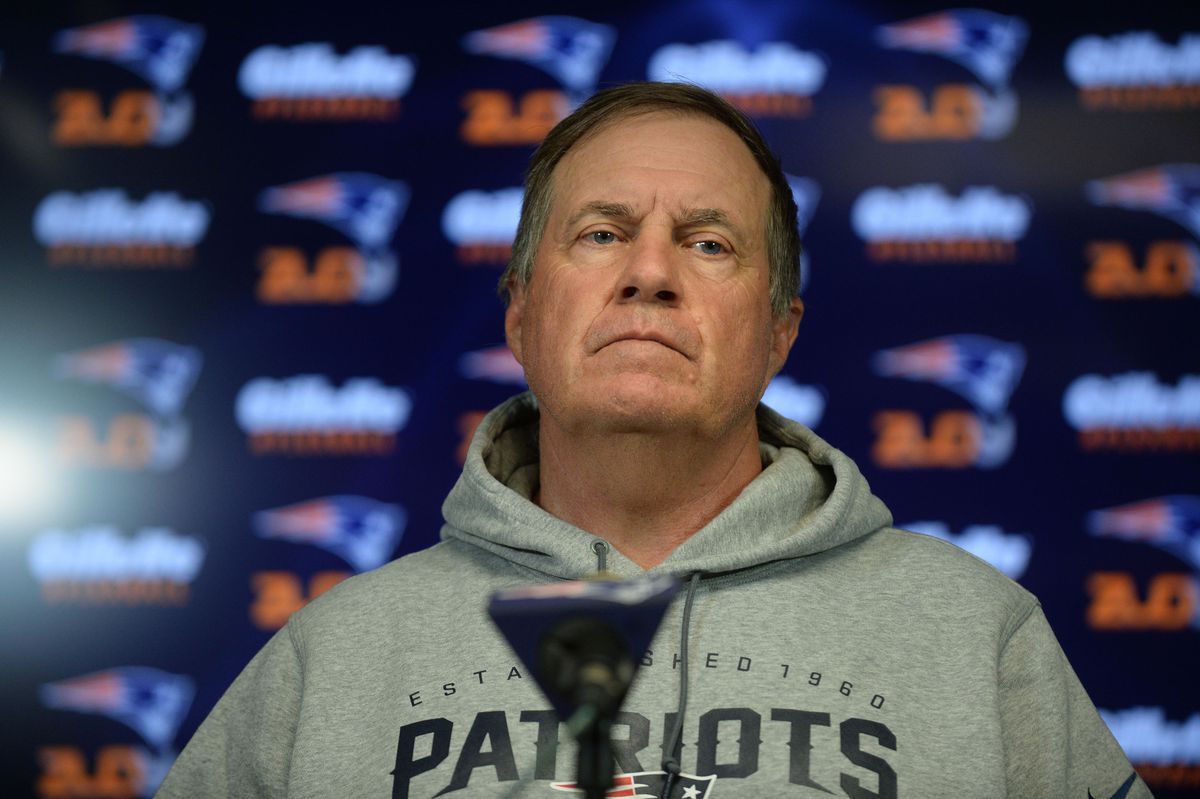 Patriots Coach Bill Belichick Holds News Conference Prior To Teams Start Of Preseason Training
FOXBOROUGH, MA - JULY 29: New England Patriots head coach Bill Belichick speaks at a press conference at Gillette Stadium July 29, 2015 in Foxborough, Massachusetts. Belichick was asked about NFL Commissioner Roger Goodell's decision to uphold a four game suspension for quarterback Tom Brady for his role in using underinflated balls in the AFC Championship game in 2014