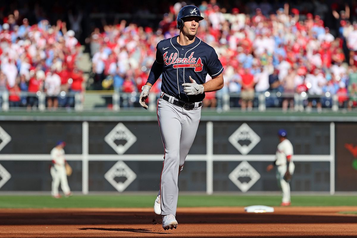 Matt Olson of the Atlanta Braves runs the bases following a home run against the Philadelphia Phillies during the fourth inning in game four of the National League Division Series at Citizens Bank Park on October 15, 2022 in Philadelphia, Pennsylvania.
