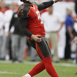Tampa Bay Buccaneers kicker Matt Gay (9) watches his field goal against the San Francisco 49ers during the second half an NFL football game, Sunday, Sept. 8, 2019, in Tampa, Fla.