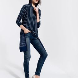 The Collection cashmere pinstripe sweater, 3X1 high-rise channelseam skinny pants, and silk tie scarf