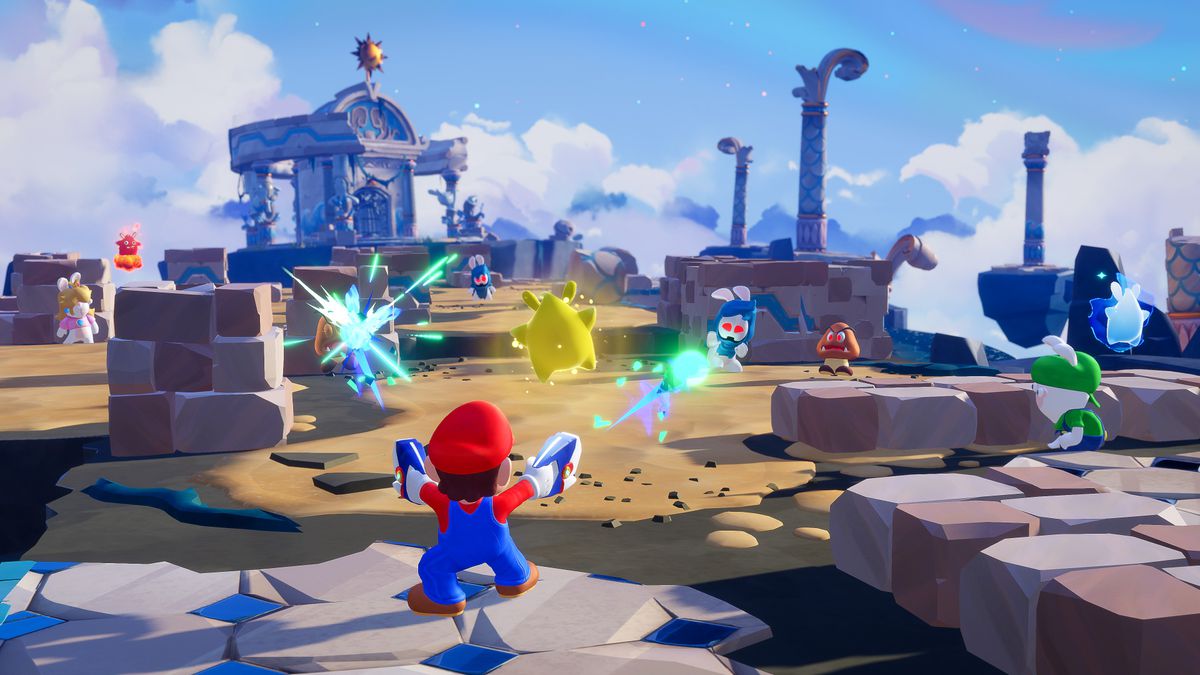 Mario firing a laser blaster at enemies in Mario   Rabbids Sparks of Hope