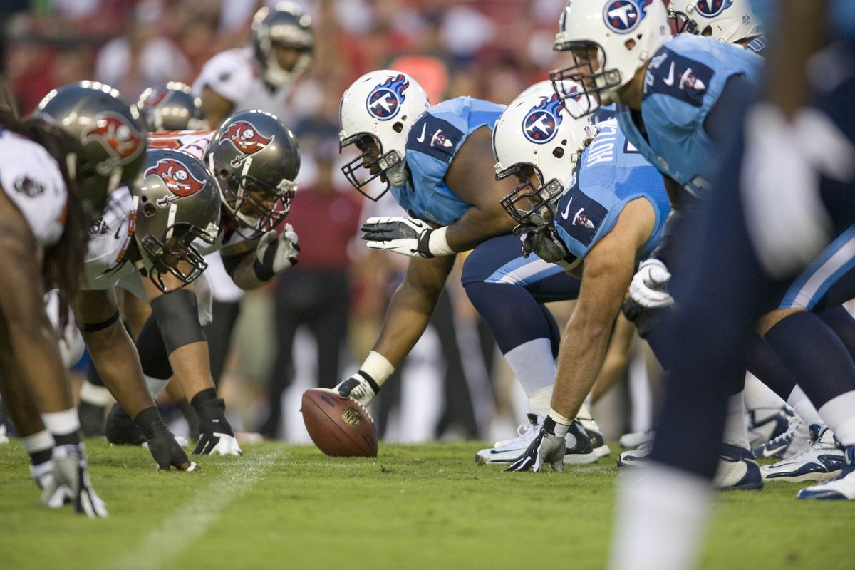 August 17, 2012; Tampa, FL, USA; Tampa Bay Buccaneers defensive line sets up against the Tennessee Titans offensive line at Raymond James Stadium.  Mandatory Credit: Jeff Griffith-US PRESSWIRE