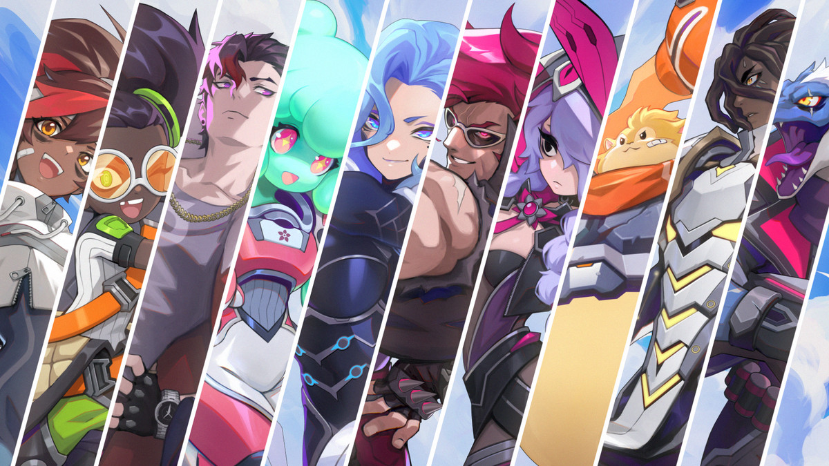 Omega Strikers - The starting roster of Omega Strikers, which shows a sliver of character art for the first 10 playable characters.