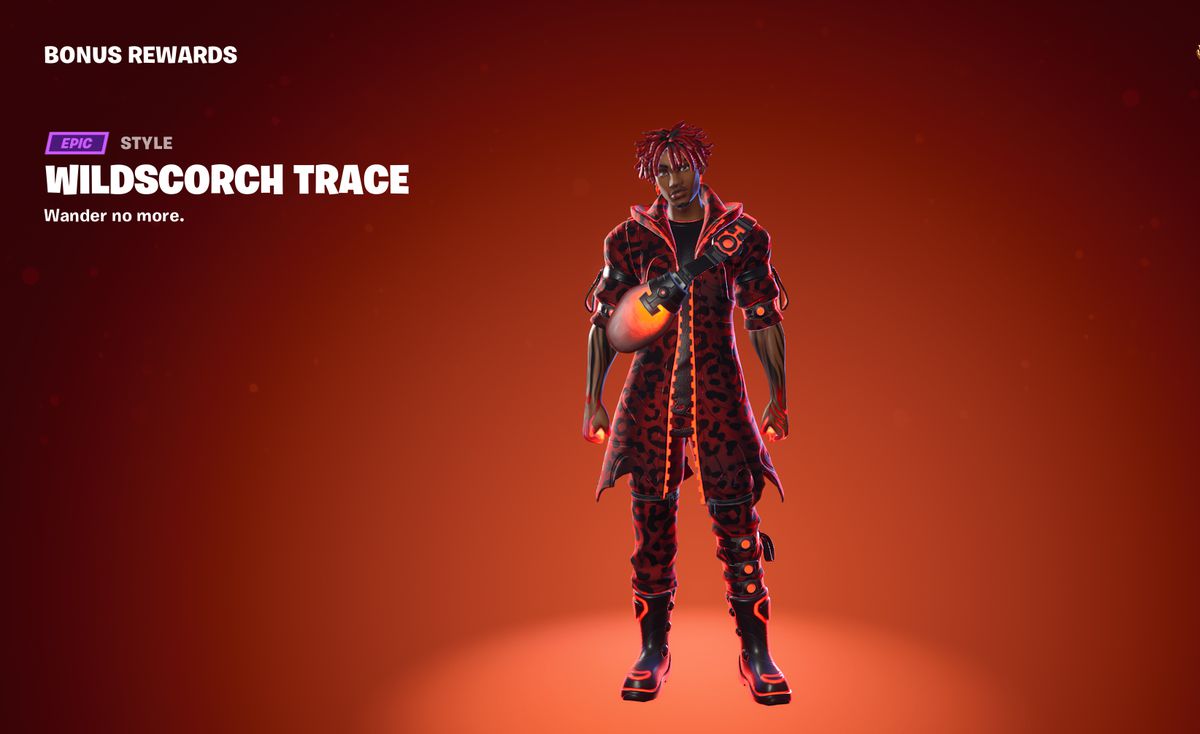 Trace from Fortnite in a dark red, iridescent cheetah print outfit