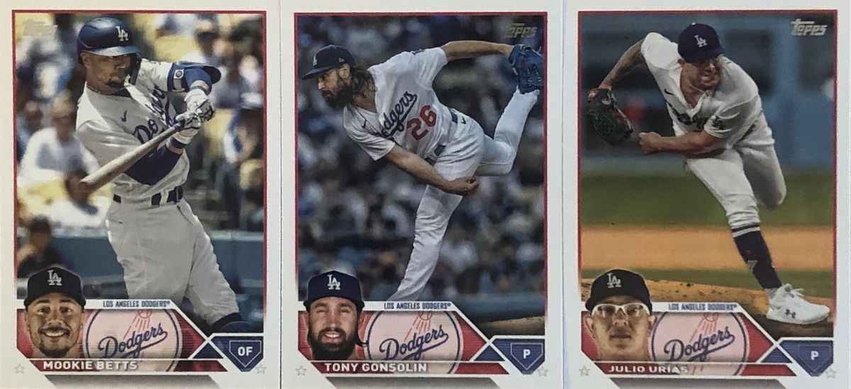 The 2023 Topps baseball cards for Mookie Betts, Tony Gonsolin, and Julio Urías.