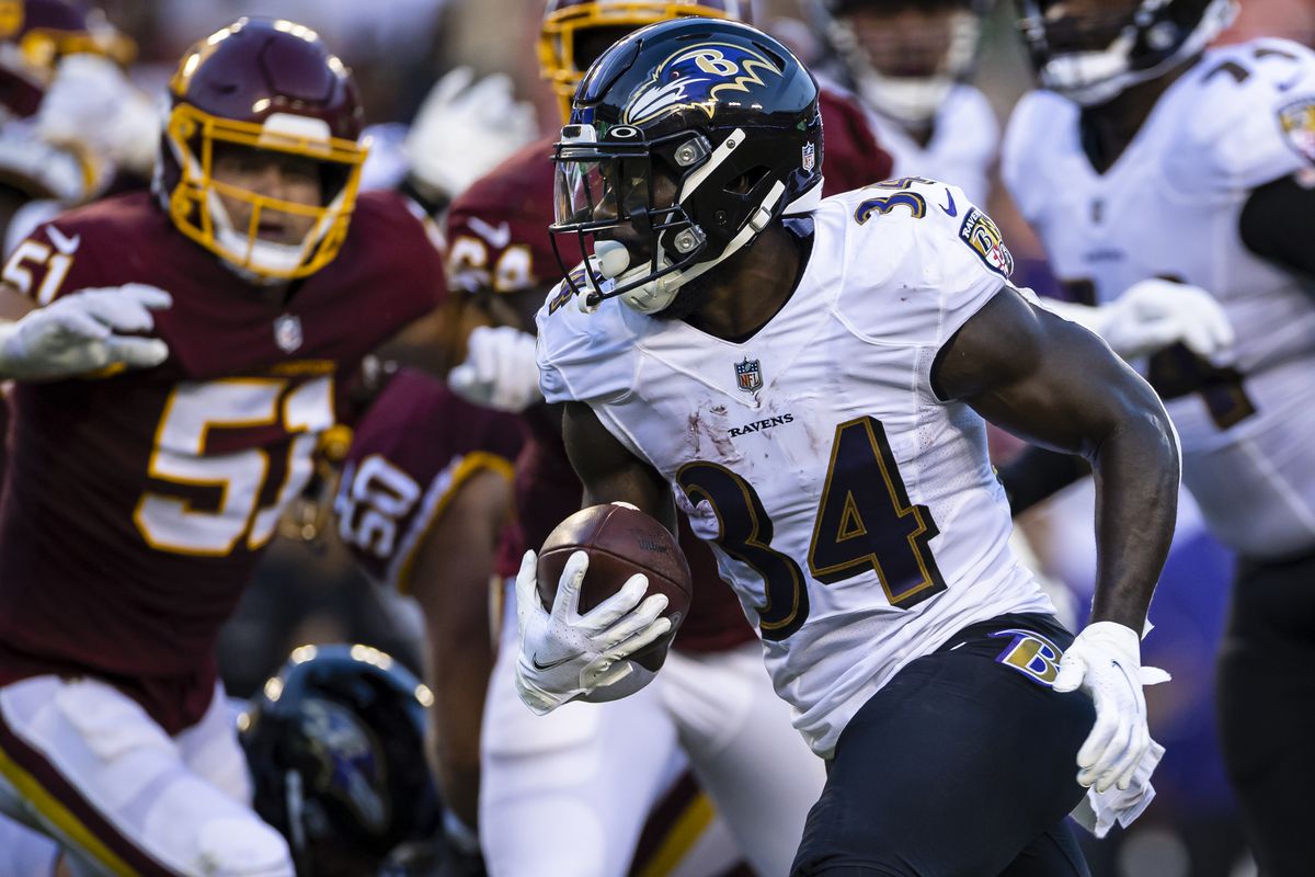 Ty’Son Williams #34 of the Baltimore Ravens carries the ball against the Washington Football Team during the first half of the preseason game at FedExField on August 28, 2021 in Landover, Maryland.