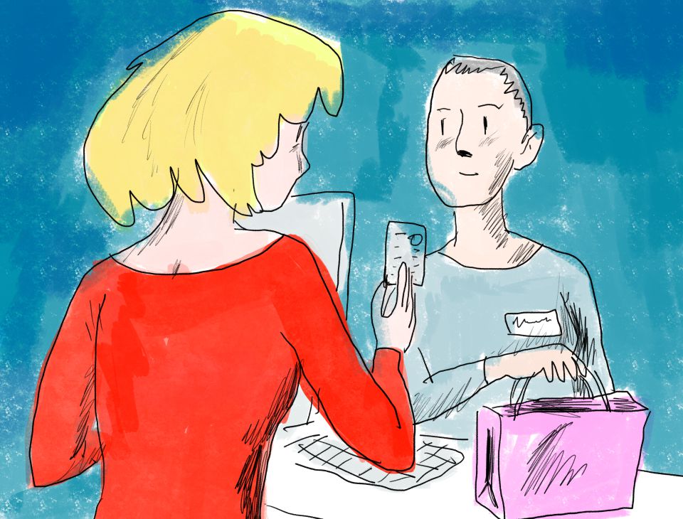 Illustration of a cashier handing a pink bag to a person who’s handing over her credit card.