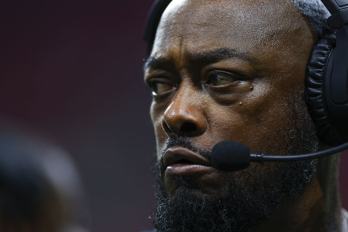 Head coach Mike Tomlin of the Pittsburgh Steelers reacts during the second half of a preseason game against the Atlanta Falcons at Mercedes-Benz Stadium on August 24, 2023 in Atlanta, Georgia.