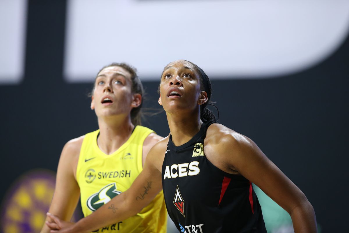 Breanna Stewart #30 of the Seattle Storm and A’ja Wilson #22 of the Las Vegas Aces look for the ball during Game Three of the WNBA Finals on October 6, 2020 at Feld Entertainment Center in Palmetto, Florida.
