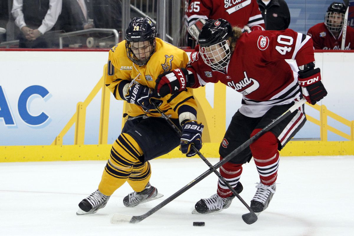 Quinnipiac sophomore forward Matthew Peca battles for the puck in the national semifinals against St. Cloud State.