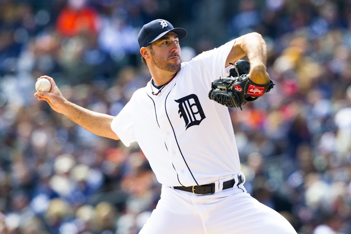April 5, 2012; Detroit, MI, USA; Detroit Tigers starting pitcher Justin Verlander (35) pitches during the seventh inning against the Boston Red Sox at Comerica Park.  Mandatory Credit: Rick Osentoski-US PRESSWIRE
