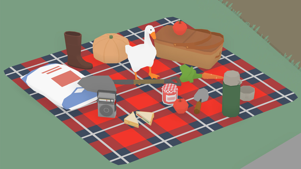 goose on picnic blanket from untitled goose game.