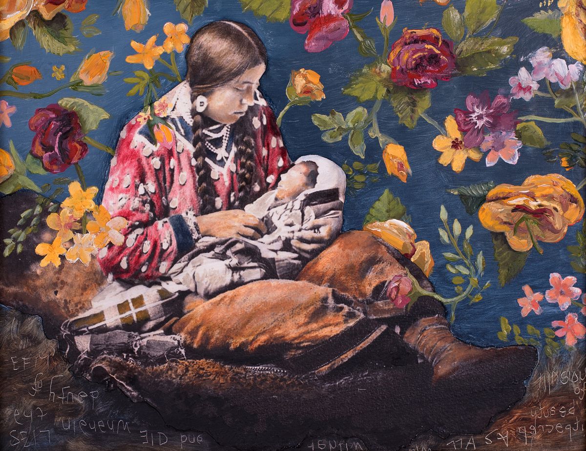 Painting of an indigenous woman holding baby against a floral background (oil paint)