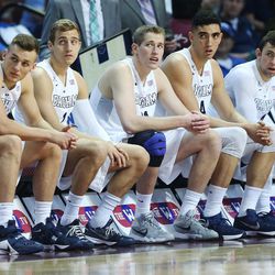 Brigham Young Cougars starters wait to be introduced during the WCC tournament in Las Vegas Saturday, March 5, 2016. BYU won 72-60. 