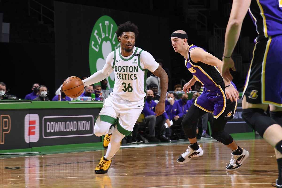 Marcus Smart #36 of the Boston Celtics drives to the basket against the Los Angeles Lakers on January 30, 2021 at the TD Garden in Boston, Massachusetts.