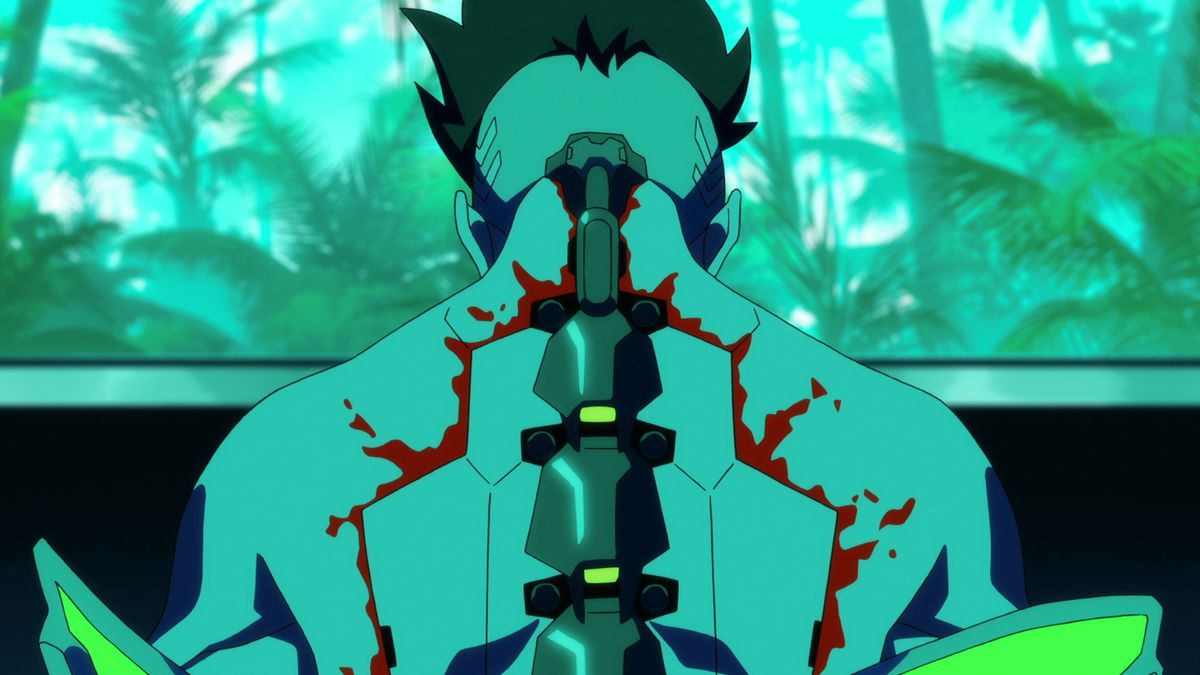 A bloodied mechanical exoskeleton protruding from the back of a spikey haired anime character.