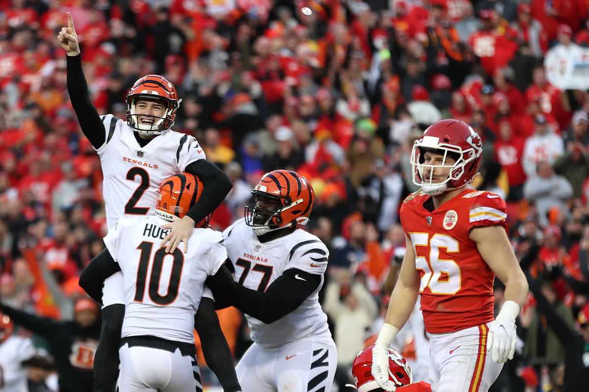 Kicker Evan McPherson #2 of the Cincinnati Bengals celebrates after kicking the game winning field goal in overtime against the Kansas City Chiefs in the AFC Championship Game at Arrowhead Stadium on January 30, 2022 in Kansas City, Missouri.