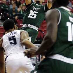 Colorado State Rams guard Anthony Bonner shoots with Utah State Aggies guard Julion Pearre at left during the Mountain West Conference basketball tournament in Las Vegas on Wednesday, March 7, 2018.