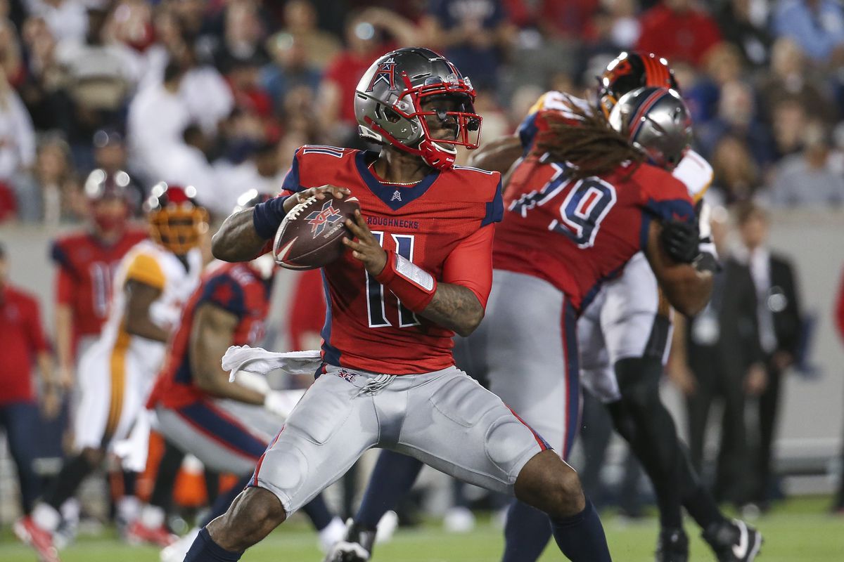 Houston Roughnecks quarterback P.J. Walker drops back to pass against the Los Angeles Wildcats during the third quarter in a XFL football game at TDECU Stadium.