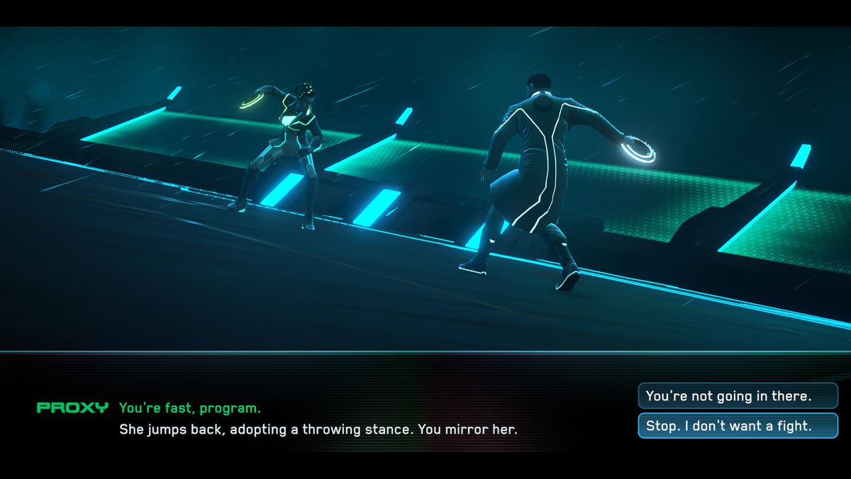 A screenshot from Tron: Identity, featuring Proxy  and Query facing off in a light-disc duel.