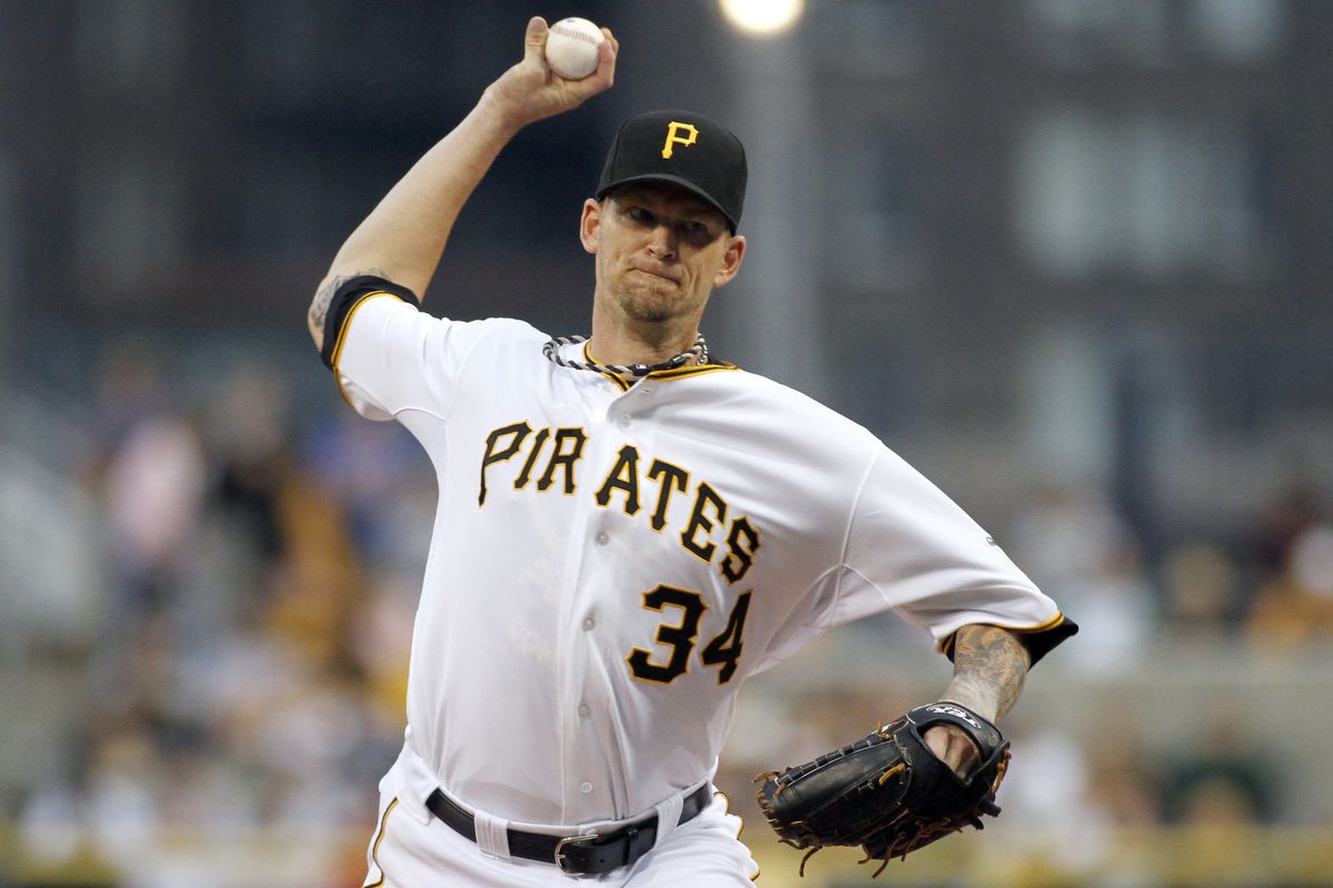PITTSBURGH, PA - AUGUST 11:  A.J. Burnett #34 of the Pittsburgh Pirates pitches against the San Diego Padres during the game on August 11, 2012 at PNC Park in Pittsburgh, Pennsylvania.  (Photo by Justin K. Aller/Getty Images)