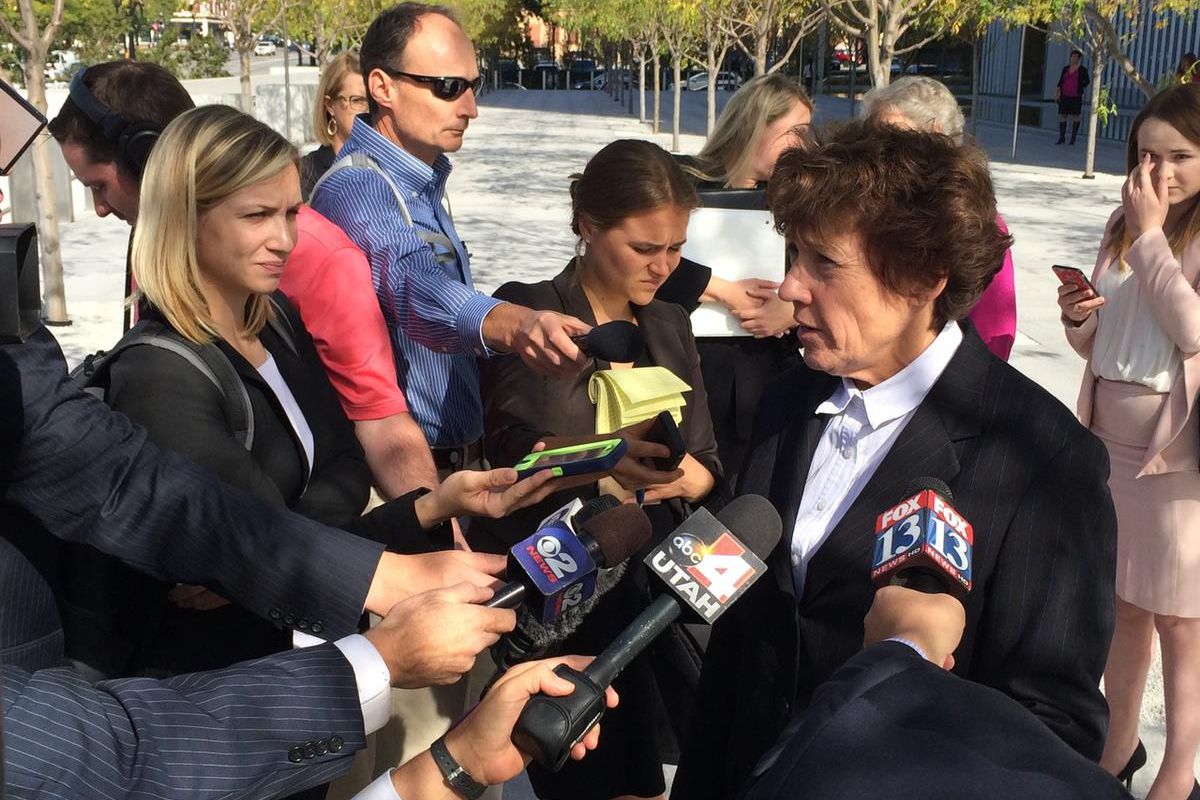 FILE - Planned Parenthood attorney Peggy Tomsic talks to reporters after a federal court hearing Oct. 15, 2015 on the organization's lawsuit against the state.
