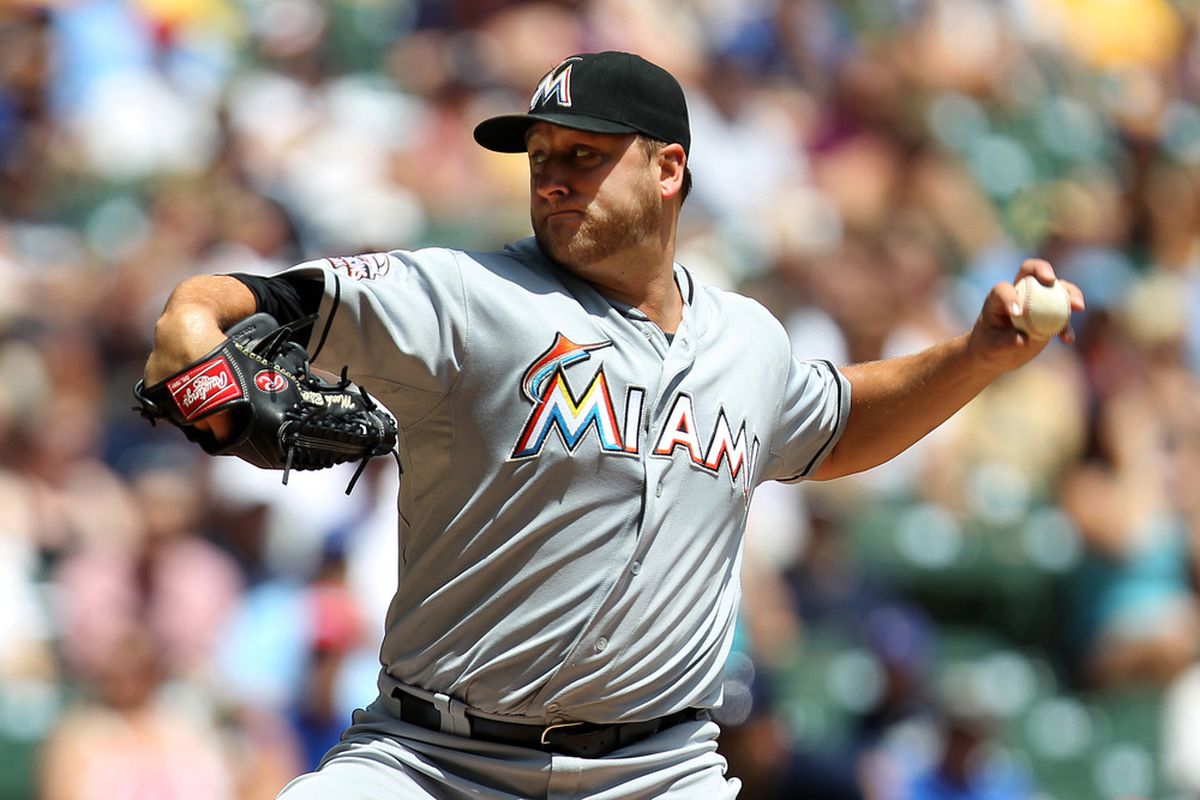 MILWAUKEE, WI - JULY 05: Mark Buehrle #56 of the Miami Marlins pitches in the bottom of the 1st inning against the Milwaukee Brewers at Miller Park on July 05, 2012 in Milwaukee, Wisconsin. (Photo by Mike McGinnis/Getty Images)